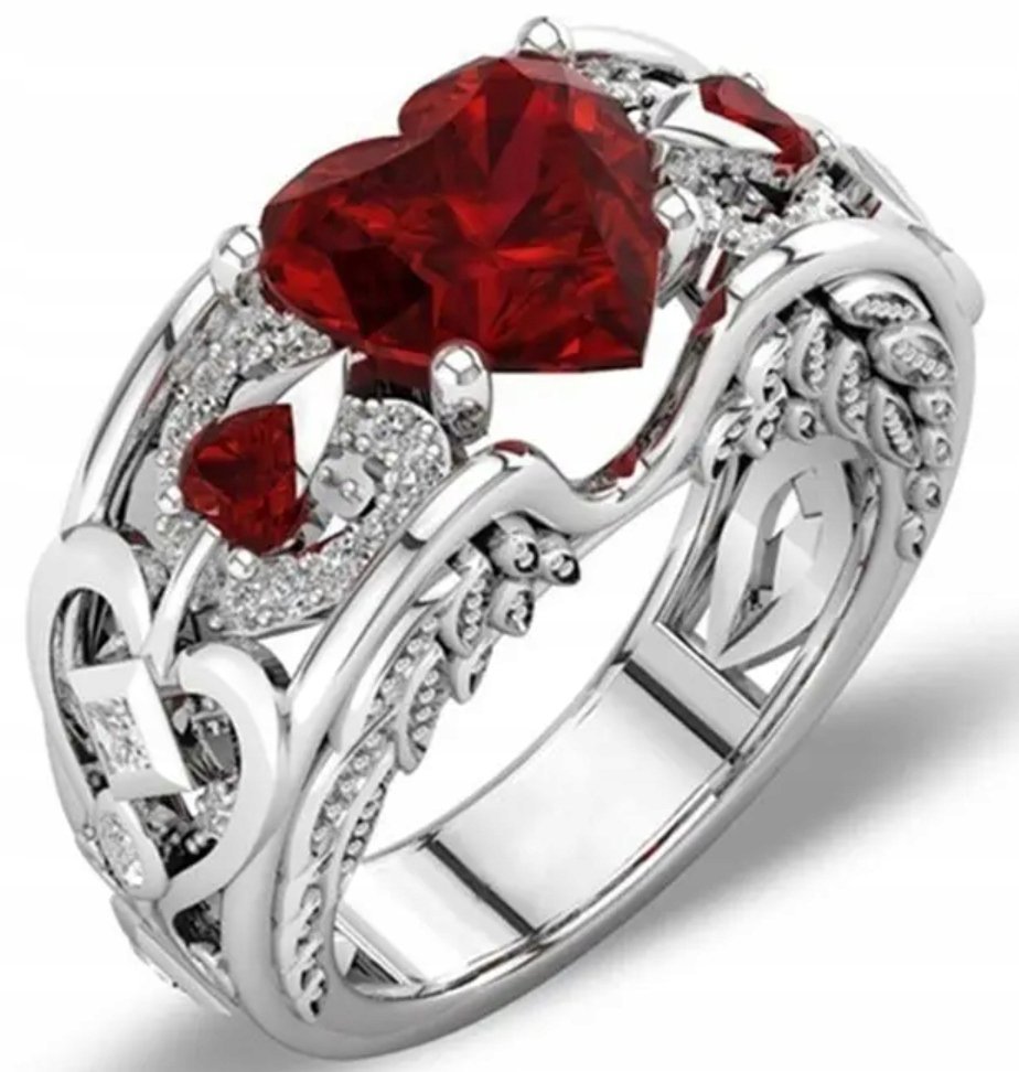 Srebrny Pierścionek Rubin w kształcie Serca Ruby Heart Stal Chirurgiczna