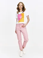 Koszulki i topy damskie - Biały t-shirt z różowo-żółtym printem - miniaturka - grafika 1