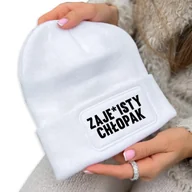 Czapki damskie - Czapka Jesienna Bawełniana ZIMOWA Biała Beanie ZAJE*ISTY CHŁOPAK Prezent Wz - miniaturka - grafika 1