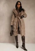 Płaszcze damskie - Ciemnobeżowa Kurtka z Pikowanymi Przeszyciami Futerkiem i Paskiem Serapella - miniaturka - grafika 1