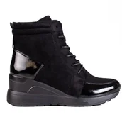 Botki damskie - Vinceza Sportowe sznurowane botki damskie na koturnie Shelovet czarne - miniaturka - grafika 1