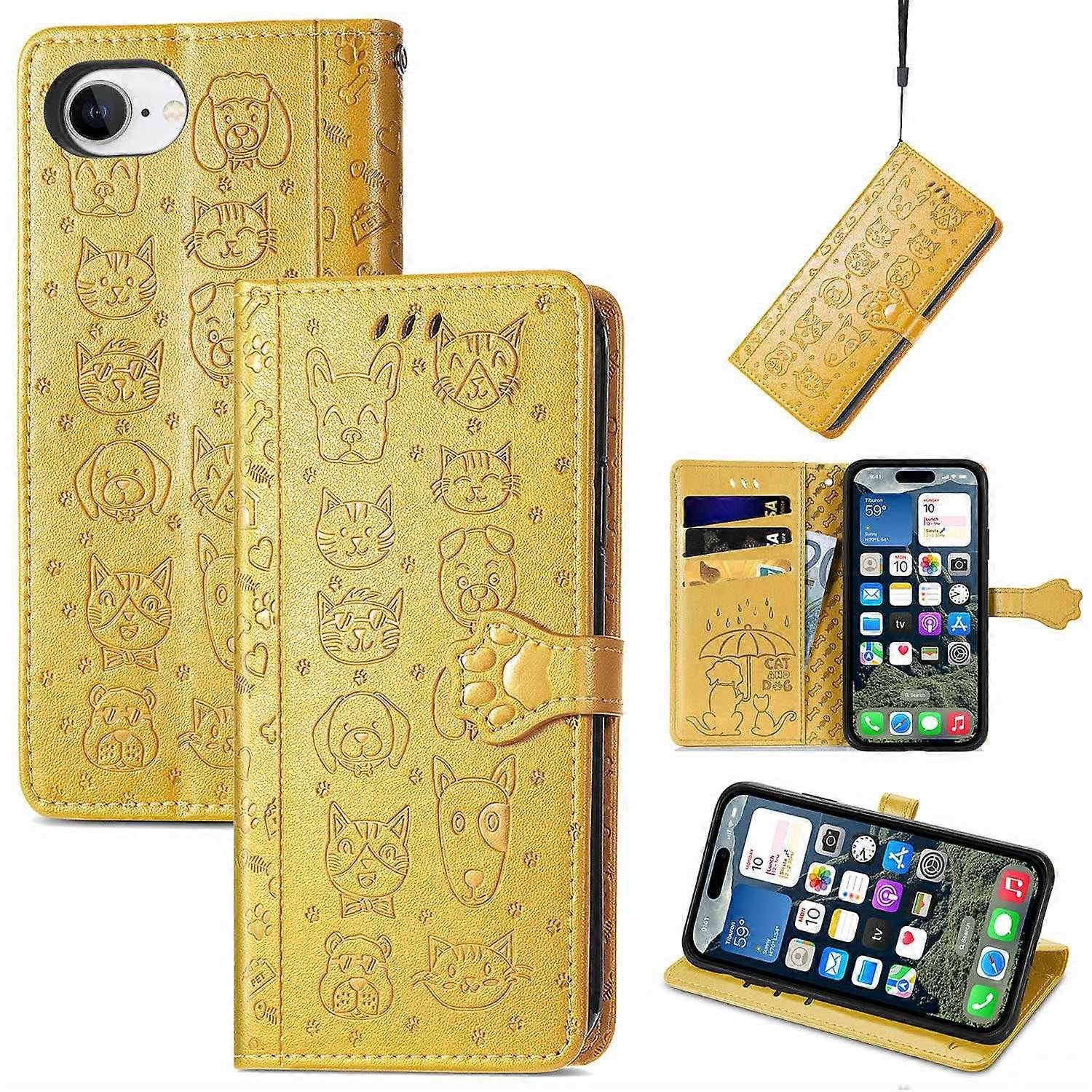 AS dla iPhone 16e Skórzane etui z portfelem z klapką Pokrowiec na telefon z uroczym wzorem kota psa - żółty Wielobarwny Yellow