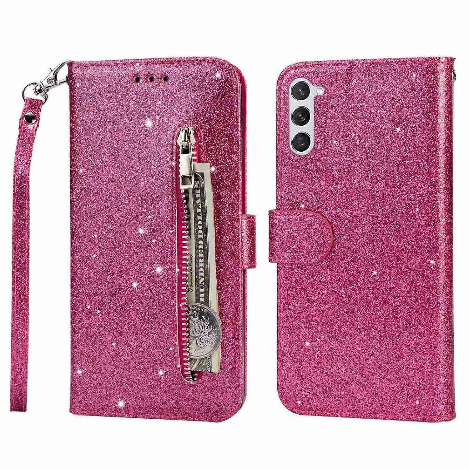 Do etui Samsung Galaxy S24 Błyszczący pokrowiec na portfel na telefon z kieszenią na suwak Różowy Rose