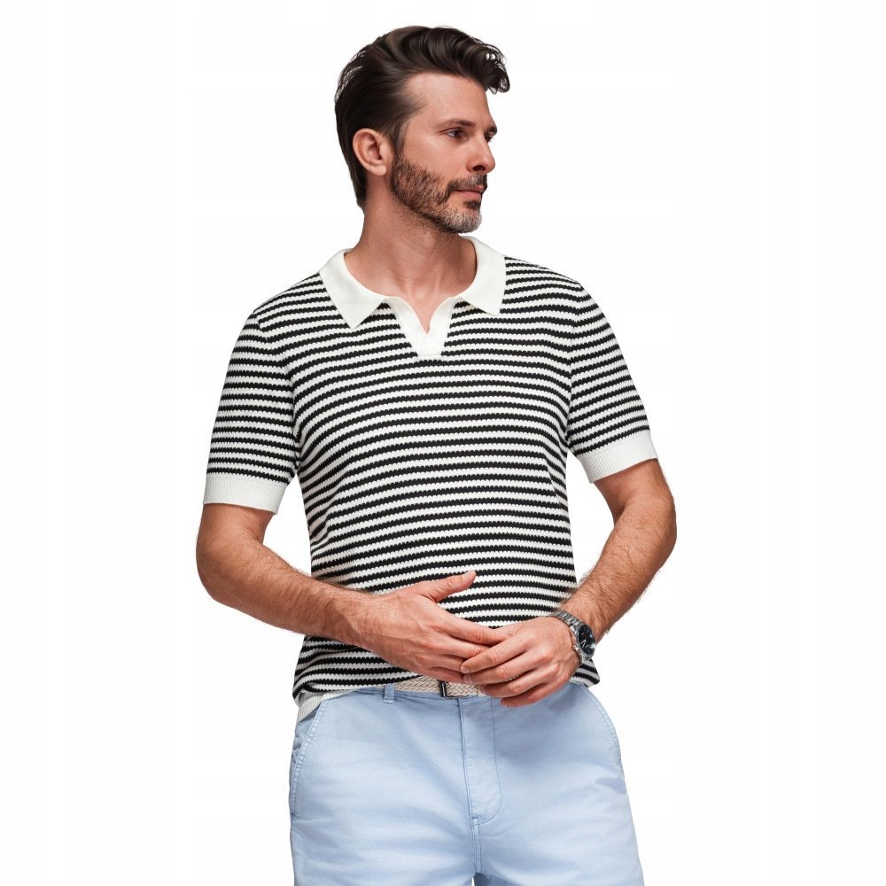 Męska dzianinowa koszulka polo w paski - czarno-biała V1 OM-POSS-0161 r L