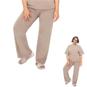 Dresy damskie - Spodnie Damskie Dresowe M Beżowe Z Kieszeniami Szerokimi Nogawkami Bawełniane - miniaturka - grafika 1