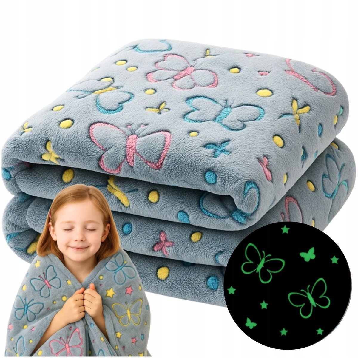 KOC ŚWIECĄCY W CIEMNOŚCI 150X200 DZIECIĘCY KOCYK MOTYLKI PLED DLA DZIECI