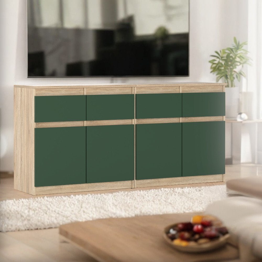 Komoda Pojemna Duża Szafka 4 Szuflady 160cm Dąb Sonoma Butelkowa Zieleń