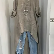 Koszule damskie - TEMU Damska lniana asymetryczna koszula Luźny okrągły dekolt, krótki przód w stylu vintage, długi tył, styl casual na wiosnę/jesień - miniaturka - grafika 1