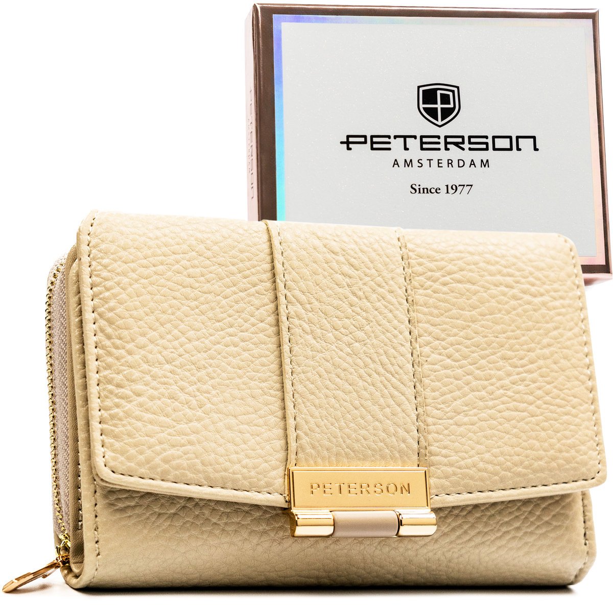 Portfel damski beżowy PETERSON ochrona RFID mały z ozdobnym zapięciem i suwakiem karty gotówka elegancki prezent