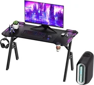 Biurka gamingowe - TRMLBE Biurko gamingowe 140 cm Biurko gamingowe ze stojakiem na słuchawki Uchwyt na kubek na wodę Biurko z włókna węglowego Ergonomiczne biurko komputerowe z otworem na kable i diodą LED - miniaturka - grafika 1