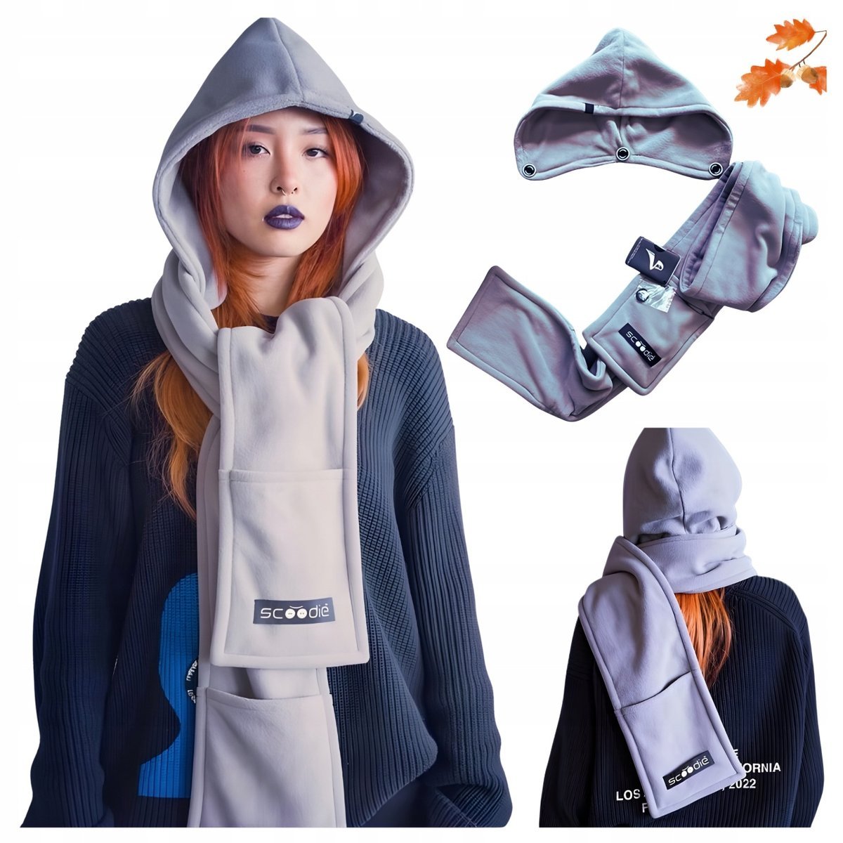 Szalik z Odpinanym Kapturem Scoodie Polar 197 cm Kieszenie 2w1 Szary Large