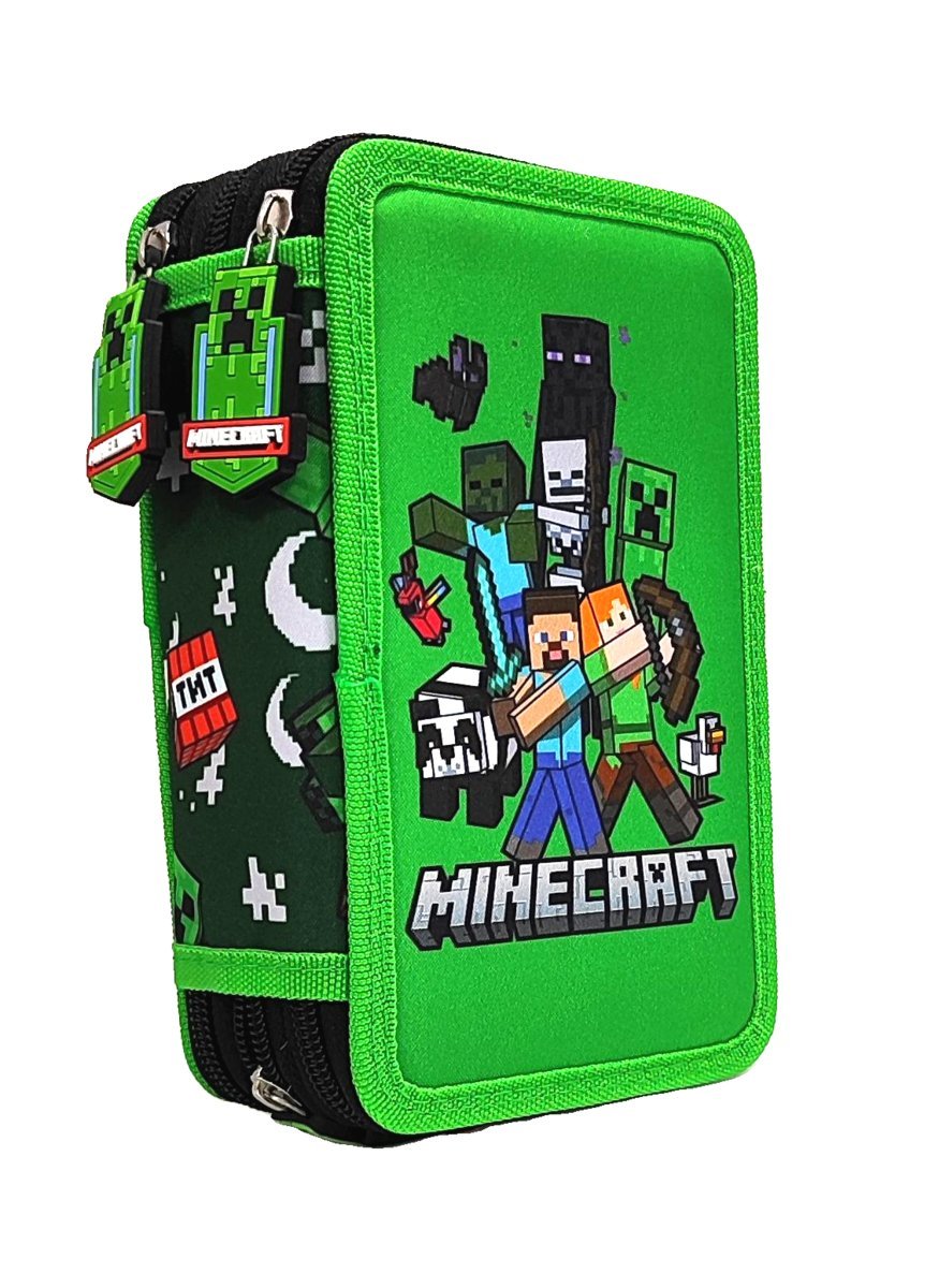 Zielony piórnik 3-komorowy z wyposażeniem - Minecraft 20 x 13 x 6.5 cm