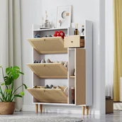 Szafki na buty - Wąska szafka na buty Flieks z 3 klapami, rattanowa szafka na buty z szufladą i drzwiczkami, skrzynia na buty z regulowaną półką, biała - miniaturka - grafika 1