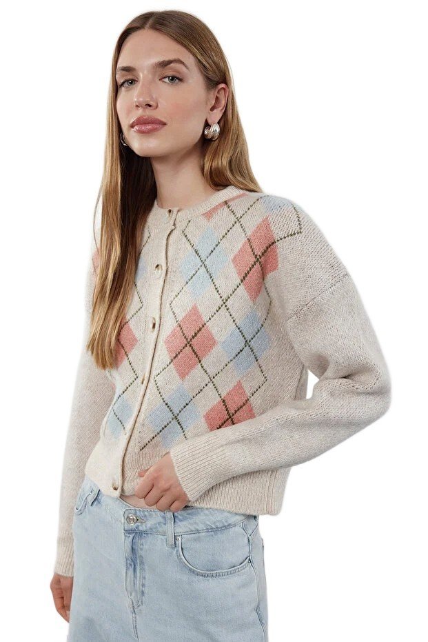 TRENDYOL SWETER DAMSKI ROZPINANY W KRATĘ BEŻOWY Z DŁUGIM RĘKAWEM M 5EA*