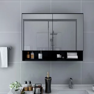 vidaXL Szafka łazienkowa z lustrem i LED czarna 80x15x60 cm MDF 323605 - Szafki łazienkowe - miniaturka - grafika 1