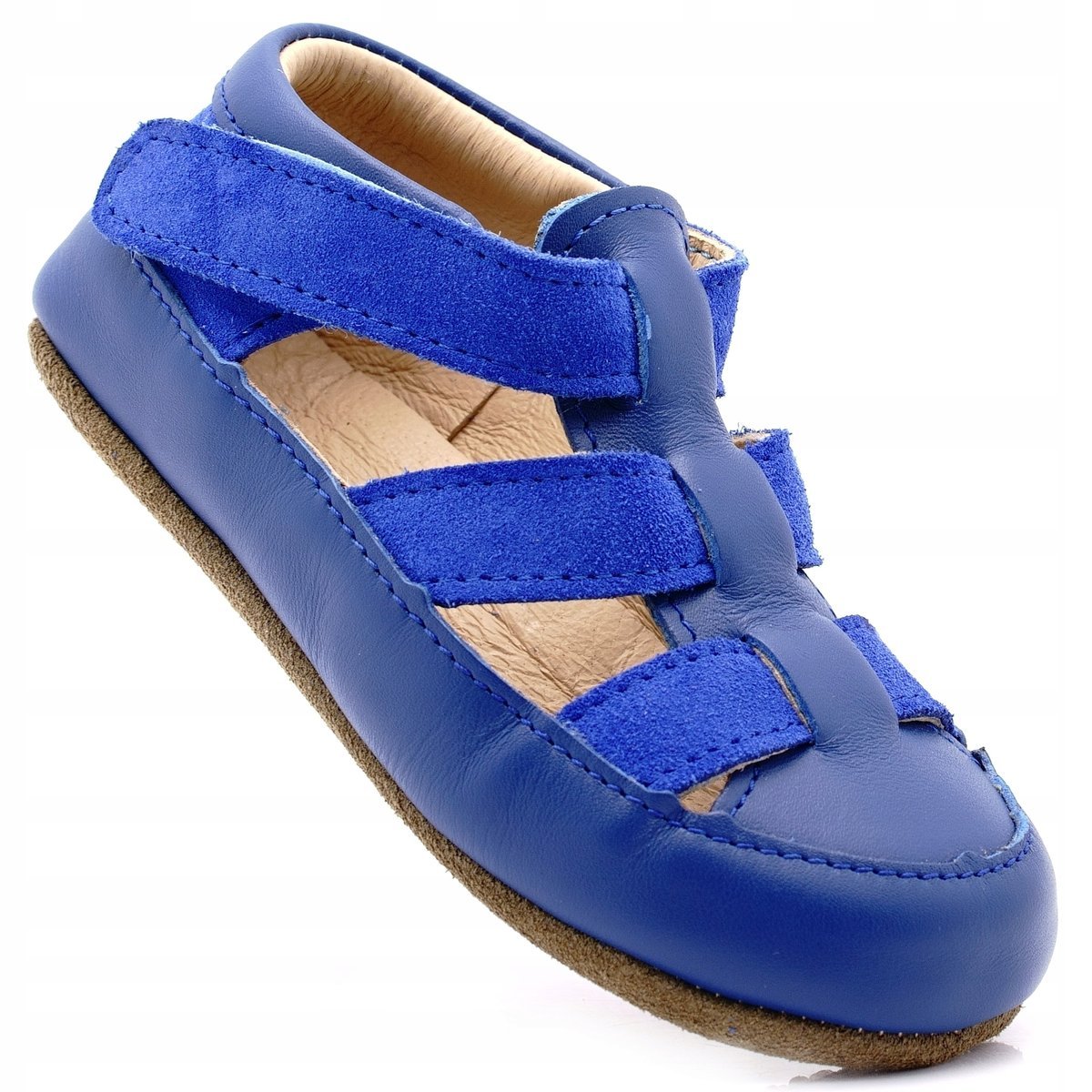 Kapcie dziecięce Tara OBEX rozmiar 32 barefoot skórzane niebieskie rzep