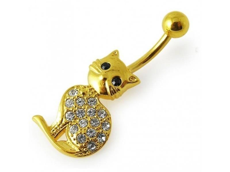 Srebrny kolczyk 925 do pępka kotek z cyrkoniami na prezent modny efektowny