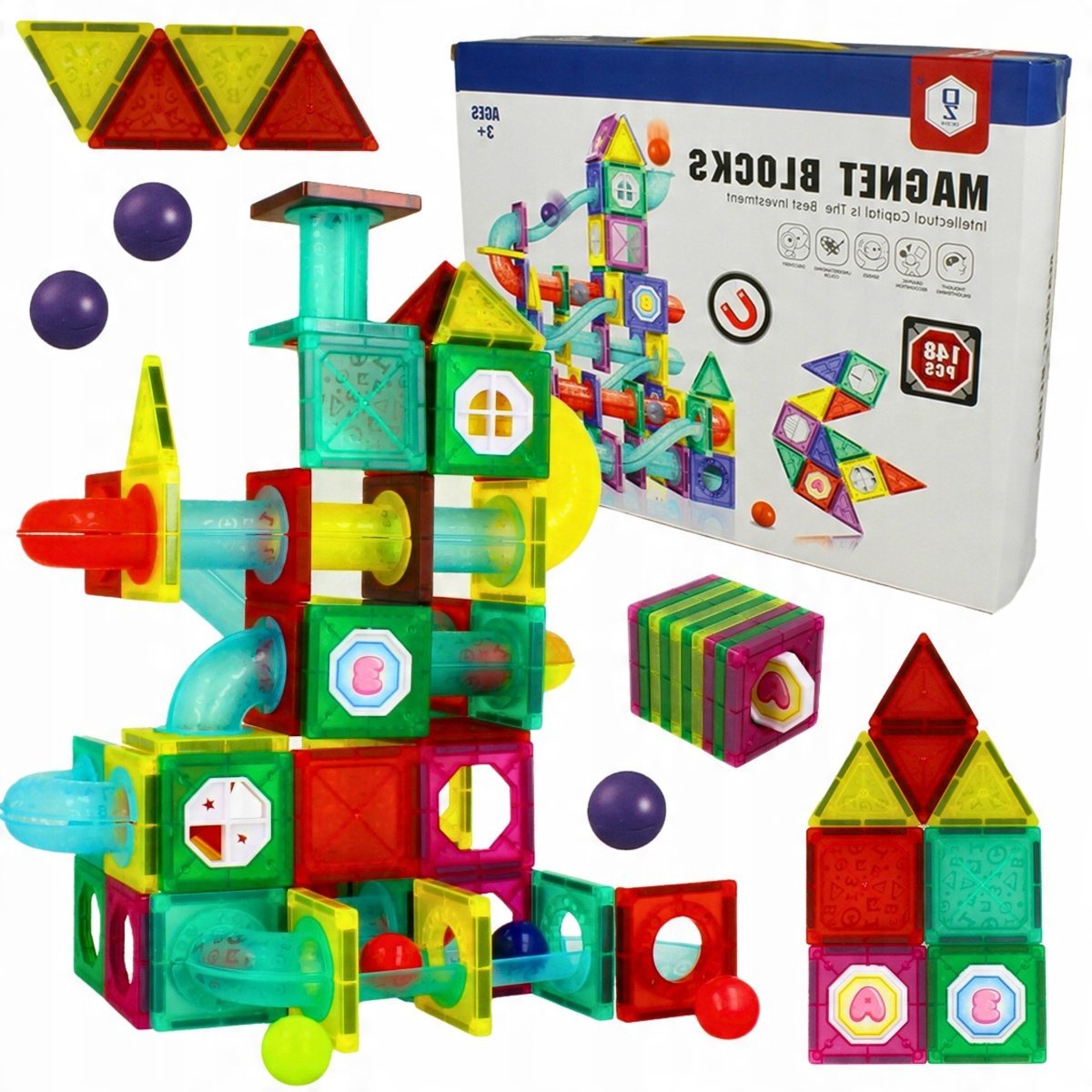 Klocki Magnetyczne Edukacyjne Tor Kulkowy Zjeżdżalnia 148 El dla Dziecka