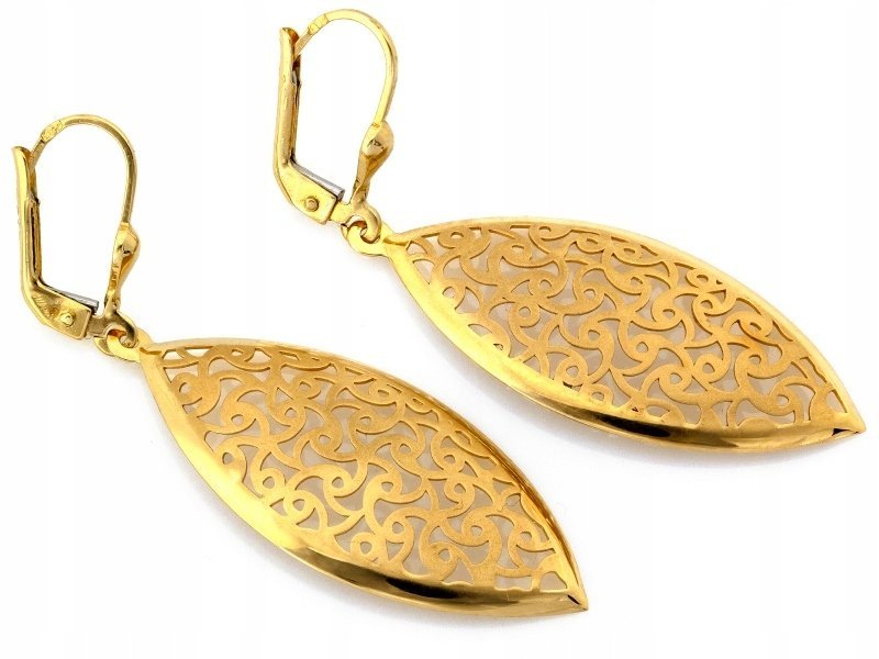 Eleganckie kolczyki z żółtego złota 585 wiszące ażurowe satynowane prezent