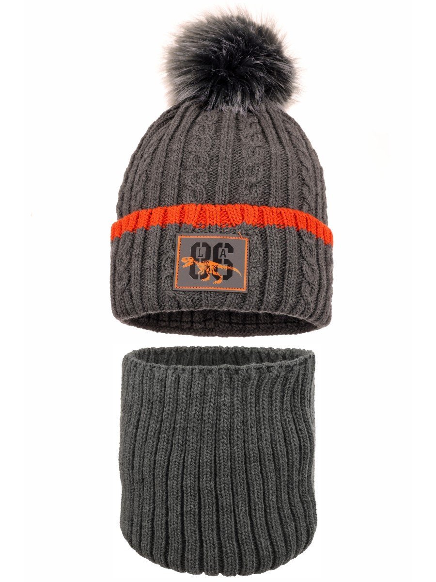 Chłopięcy komplet zimowy czapka i komin dinozaur szary Ambra r.46/48