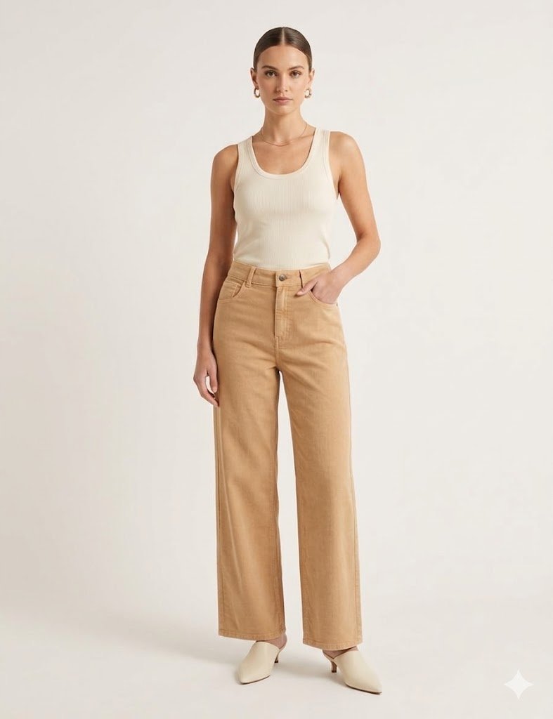 GUESS BEŻOWE SPODNIE CASUAL PROSTE WYSOKI STAN LYOCELL 24/32 GGA