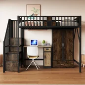 Łóżka dla dzieci i młodzieży - Łóżko piętrowe metalowe 90 x 200 cm - z szafą - 1 szufladą - z drabinką - czarne (materac nie jest wliczony w cenę) - miniaturka - grafika 1
