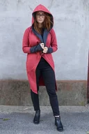 Bluzy damskie - Płaszcz damski z kapturem, bluza długa bawełniana malinowa - miniaturka - grafika 1