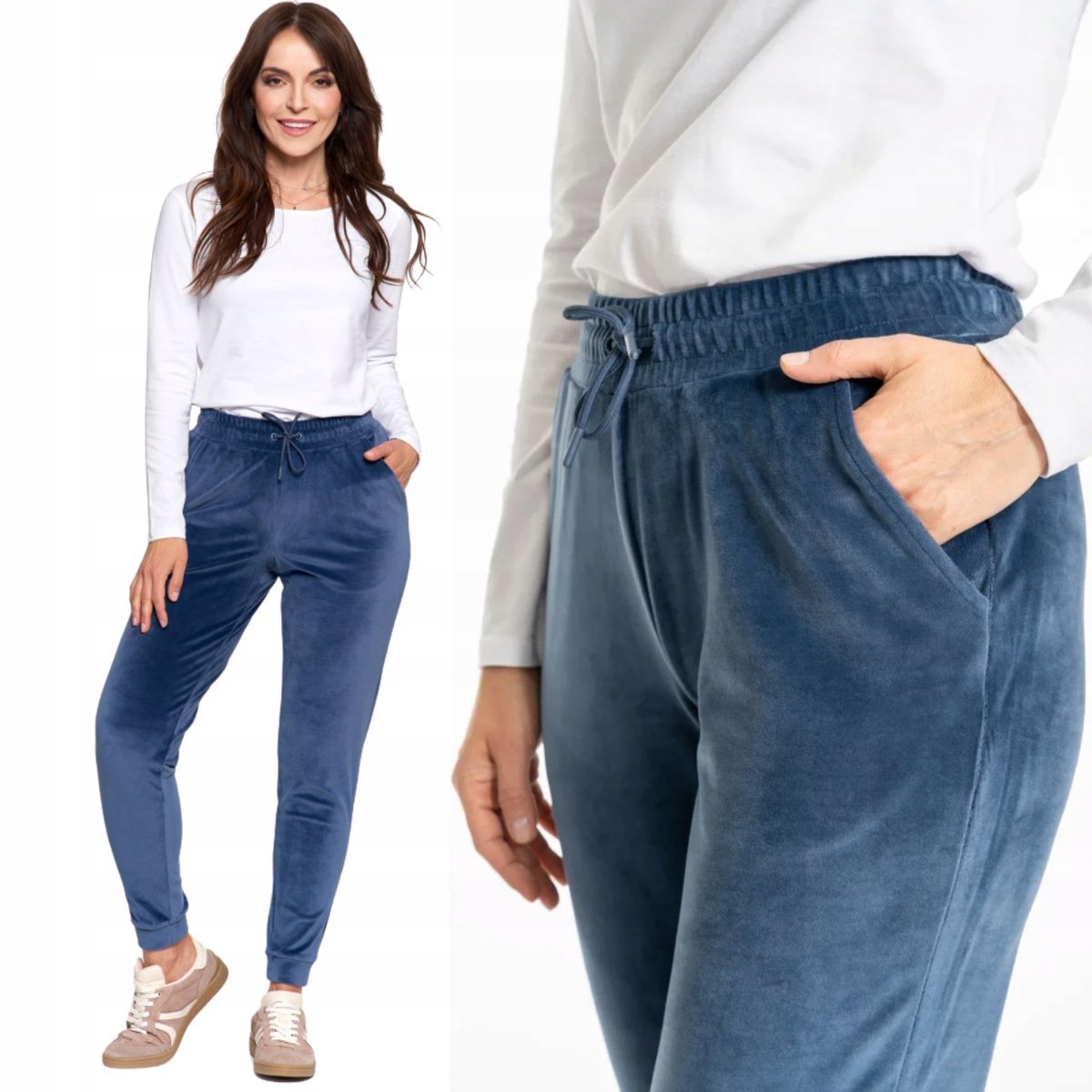 Spodnie Damskie Welurowe Z Wysokim Stanem Dresowe Miękkie Moraj 3Xl Navy