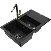 Zlewozmywaki z baterią - Mexen Gaspar zlewozmywak granitowy 1,5-komorowy z ociekaczem i baterią kuchenną Flora, czarny - miniaturka - grafika 1