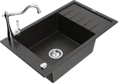 Zlewozmywaki z baterią - Mexen Elias zlewozmywak granitowy 1-komorowy z ociekaczem i baterią kuchenną Carla, czarny/złoty metalik - 6511-75-670700-00 - miniaturka - grafika 1