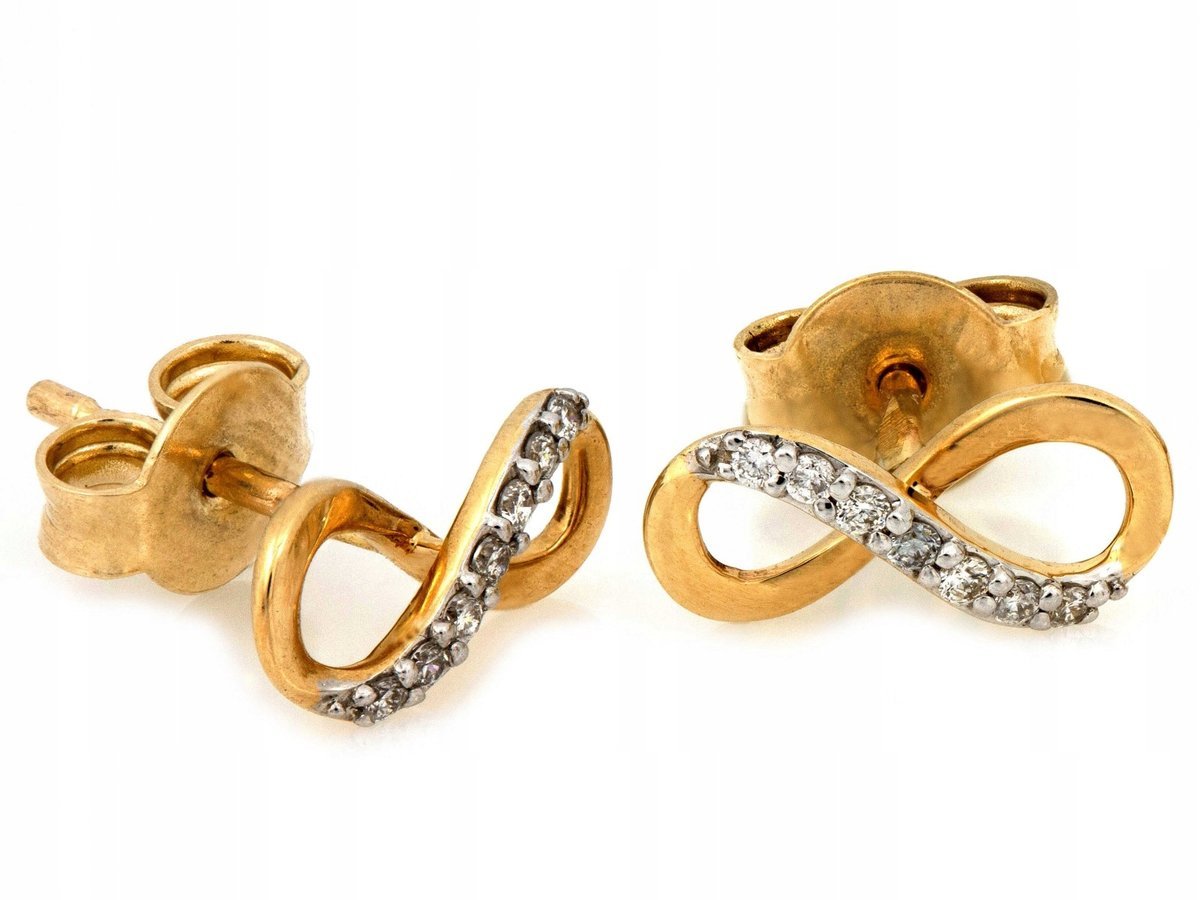 Modne kolczyki złote 585 14k nieskończoność z brylantami 0,08ct waga 1,04g