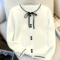 Swetry damskie - TEMU Elegancki kardigan damski z kokardą - miękki, uniwersalny sweter z okrągłym dekoltem i detalem prążkowanym, idealny na codziennie lub stylowe - miniaturka - grafika 1