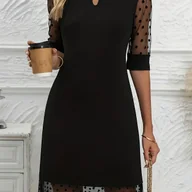 Sukienki - TEMU Elegancka czarna sukienka o krótkich rękawach w kropki z siateczki Damska, codzienna stylizacja wakacyjna z dekoltem i krótkimi rękawami, - miniaturka - grafika 1