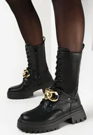 Botki damskie - Czarne Botki Wysokie Workery na Grubej Podeszwie z Ozdobnym Paskiem i Łańcuchem Erimosa - miniaturka - grafika 1