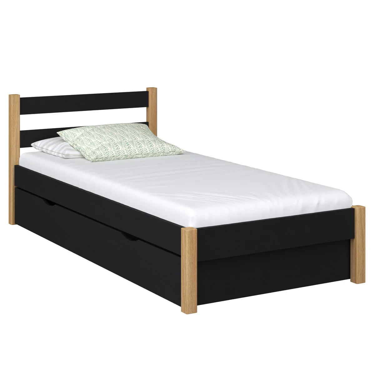 Drewniane łóżko pojedyncze z szufladą N01 czarno dębowe 100x180