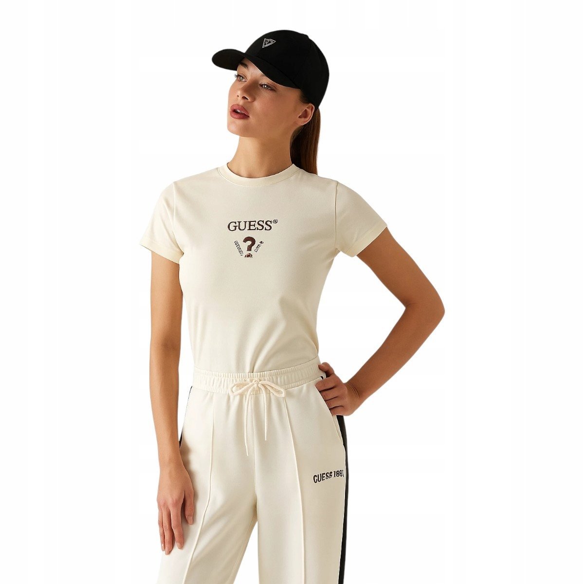 GUESS KOSZULKA DAMSKA T-SHIRT COLETTE SS TEE ECRU r.S