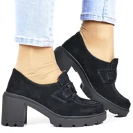 Mokasyny damskie - Damskie Półbuty Skórzane Mokasyny Na Słupku Obcasie Filippo Dp4785 Czarne Zamszowe - miniaturka - grafika 1