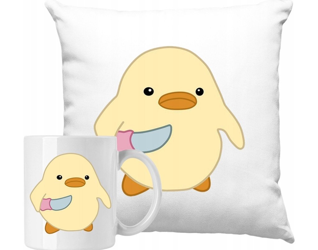 ZESTAW PODUSZKA + KUBEK Kaczka Z Nożem Pomysł Na Prezent + IMIĘ