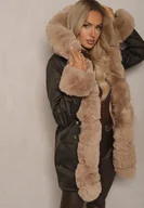 Kurtki damskie - Zielono-Beżowa Kurtka Typu Parka z Kapturem Zdobiona Futerkiem z Możliwością Odpięcia Valinora - miniaturka - grafika 1