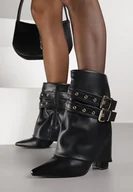 Botki damskie - Czarne Botki Typu Kowbojki na Obcasie z Wywiniętą Cholewką i Klamrami Cidvire - miniaturka - grafika 1
