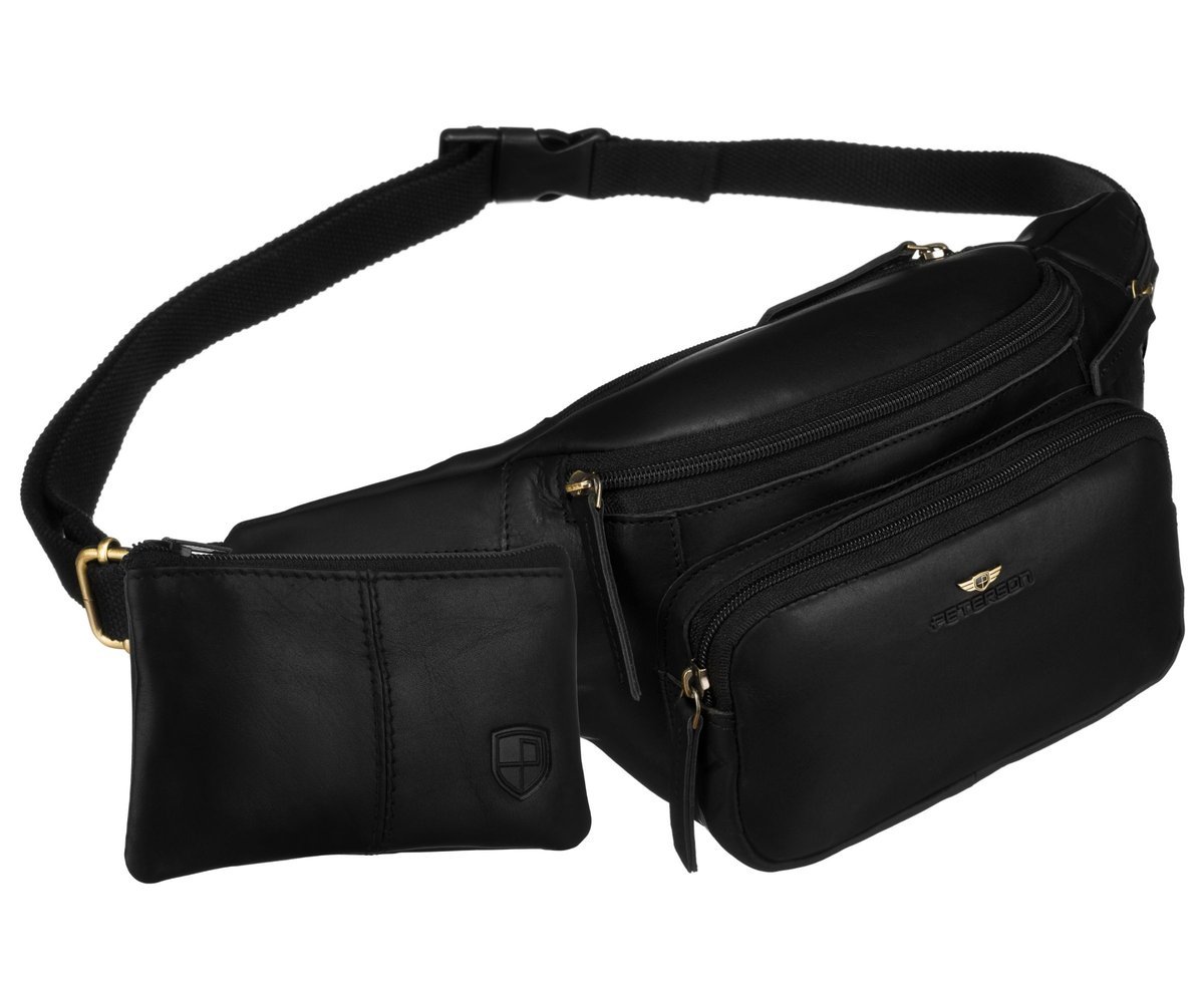 Nerka męska skórzana PETERSON saszetka na pas lub przez ramię czarna kieszonki na suwak regulowany długi pasek + etui na klucze