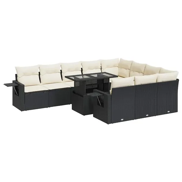 Zestaw wypoczynkowy ogrodowy czarny z poduszkami, rattan PE, stal, 55x62x69