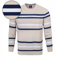 Swetry męskie - Sweter Męski Beżowy w Paski Klasyczny Bawełniany L Pako Jeans - miniaturka - grafika 1