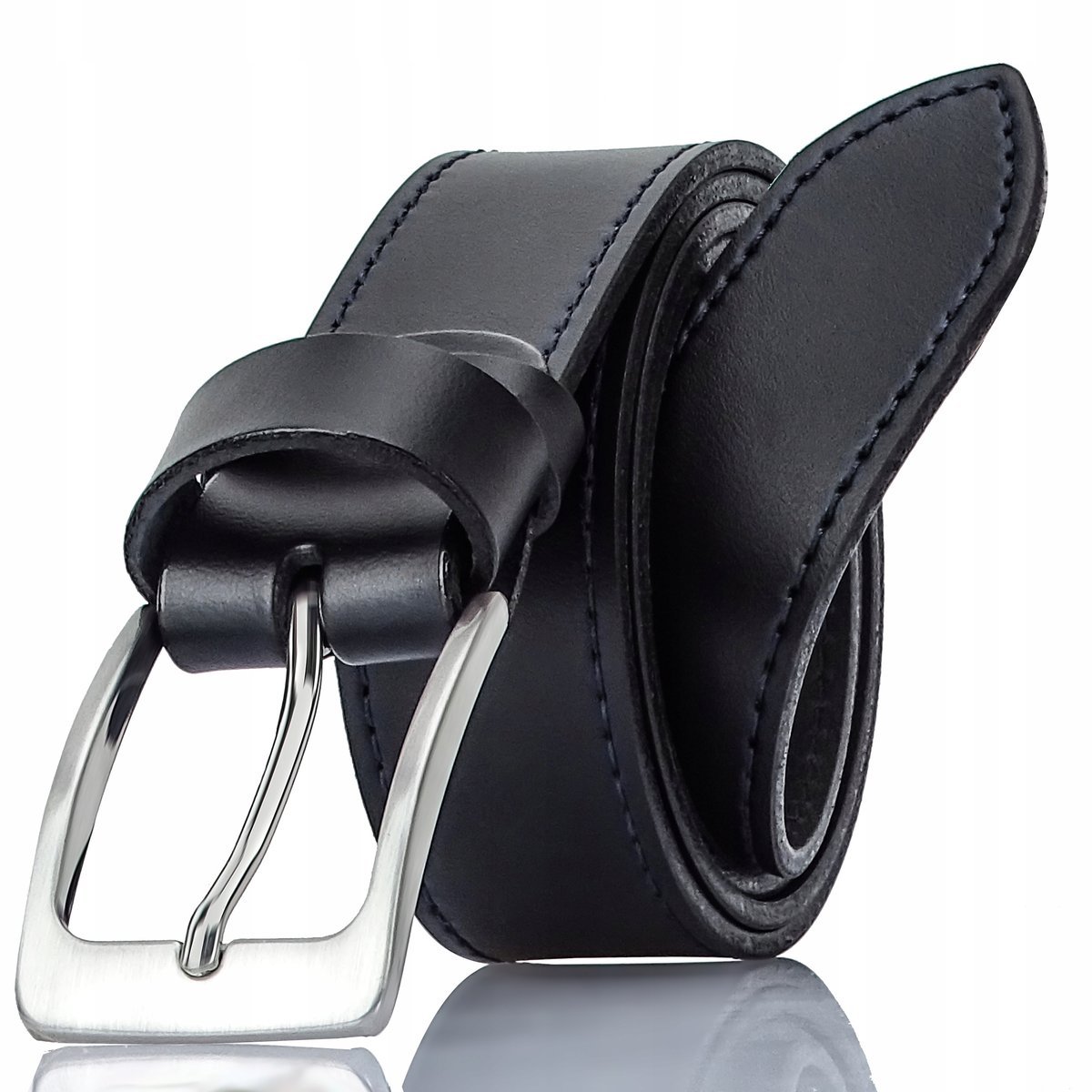 męski pasek skóra NATURALNA czarny KLAMRA SREBRNA