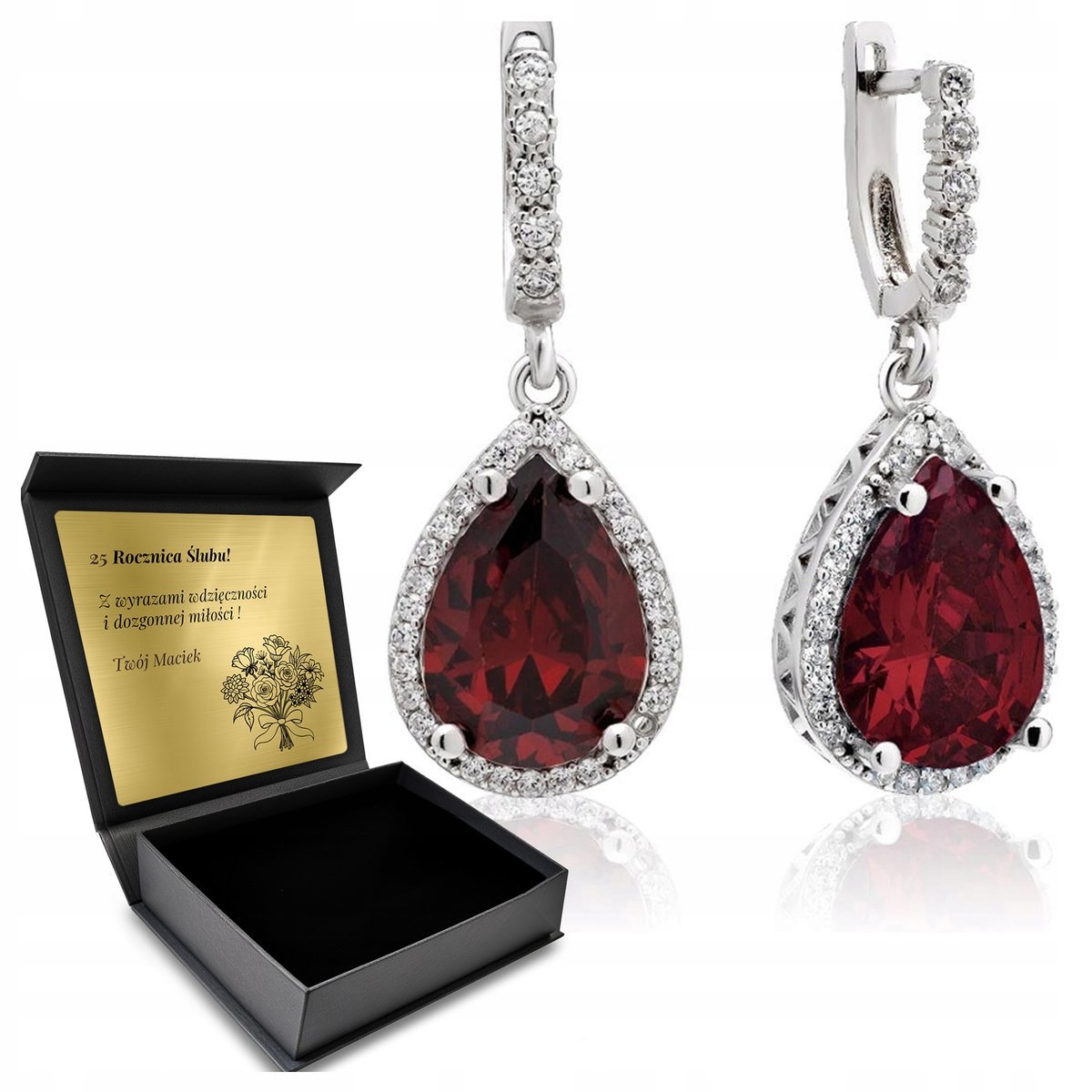 Kolczyki Srebrne 925 Cyrkonie Granat Biżuteria Dla Kobiety + Grawer