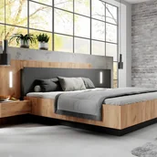 Meble do sypialni - Łóżko z szafkami nocnymi 160 x 200 cm - 2 szuflady - Z diodami LED - Kolory: naturalny i antracyt + Stelaż - FRANCOLI - miniaturka - grafika 1