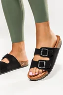 Klapki i japonki damskie - Czarne klapki damskie paski ze srebrnymi klamrami profilowana korkowa podeszwa Casu 2410-1SR - miniaturka - grafika 1