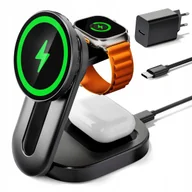 Ładowarki do telefonów - KPON Stacja Ładowania 3w1 MagSafe Qi 15W iPhone Apple Watch AirPods Czarna - miniaturka - grafika 1