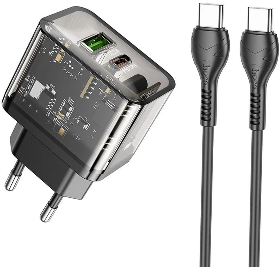 Ładowarka sieciowa do telefonu Hoco USB A + USB C QC3.0 PD 3A 20W + kabel USB C do USB C N34 transparentna