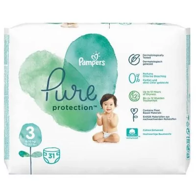 Pampers Pure Protect Pieluchy Rozm 3 6-10kg,31szt 8001090834843 Zamów do 16:00 wysyłka kurierem tego samego dnia! 8001090834843